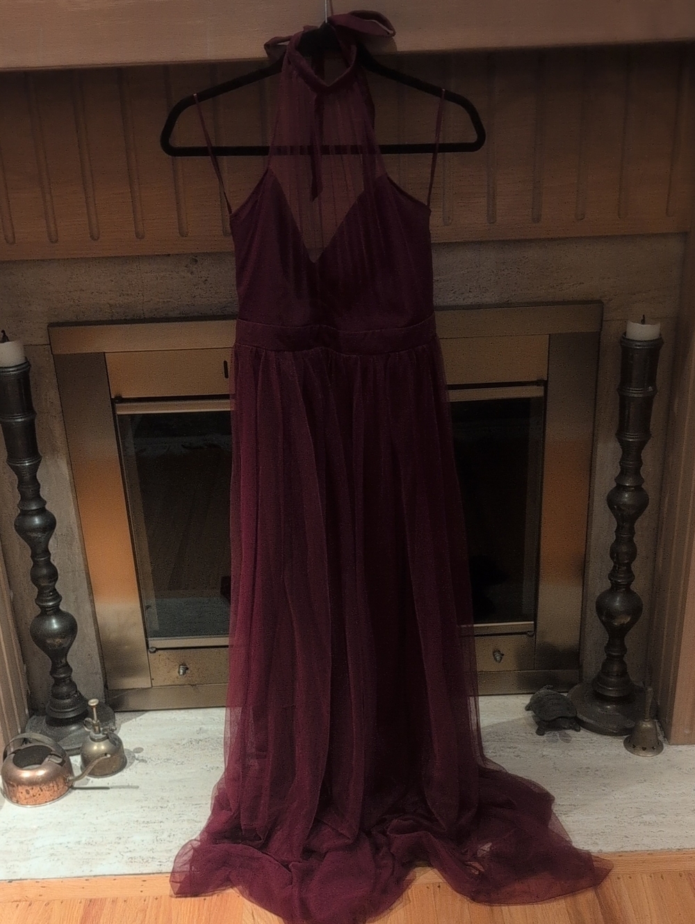 Fashion Nova Wine Halter Mesh Maxi Dress